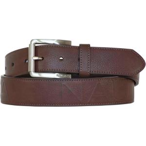 imageNautica Mens Signature Leather and Canvas Belt  Ribbon Detail  Flag Design  Classic  Casual  Metal BuckleEmbossed Logo  Brown