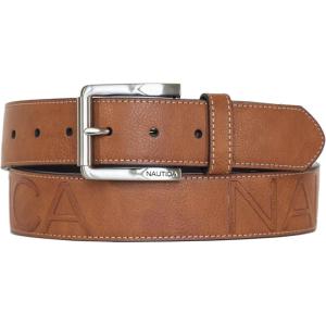 imageNautica Mens Signature Leather and Canvas Belt  Ribbon Detail  Flag Design  Classic  Casual  Metal BuckleEmbossed Logo  Tan