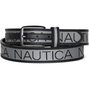imageNautica Mens Signature Leather and Canvas Belt  Ribbon Detail  Flag Design  Classic  Casual  Metal BuckleSignature Logo  Grey