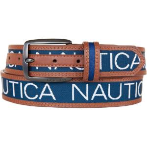 imageNautica Mens Signature Leather and Canvas Belt  Ribbon Detail  Flag Design  Classic  Casual  Metal BuckleSignature Logo  Navy