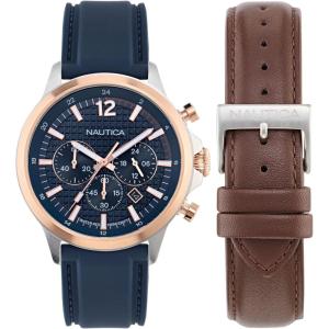imageNautica NCT Blue Ocean Silicone ampamp Leather Strap Watch Box Set
