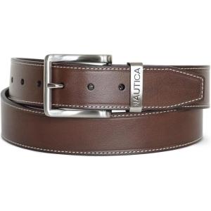 imageNautica Mens Casual Leather Belt  Everyday  Classic  Pants  Jeans  Khakis  Chinos  Metal BuckleEngraved Keeper  Brown