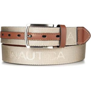 imageNautica Mens Casual Leather Belt  Everyday  Classic  Pants  Jeans  Khakis  Chinos  Metal BuckleWebbing Logo  Khaki