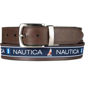 imageNautica Mens Reversible Leather Belt  2in1  Classic  Everyday  Business  Work  Dress  Casual  Metal BuckleFlag Logo  Brown