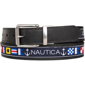 imageNautica Mens Reversible Leather Belt  2in1  Classic  Everyday  Business  Work  Dress  Casual  Metal BuckleFlag Pattern  Black