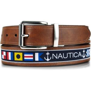imageNautica Mens Reversible Leather Belt  2in1  Classic  Everyday  Business  Work  Dress  Casual  Metal BuckleFlag Pattern  Cognac