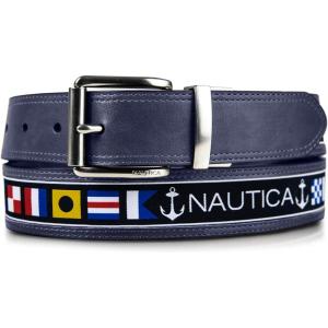 imageNautica Mens Reversible Leather Belt  2in1  Classic  Everyday  Business  Work  Dress  Casual  Metal BuckleFlag Pattern  Navy