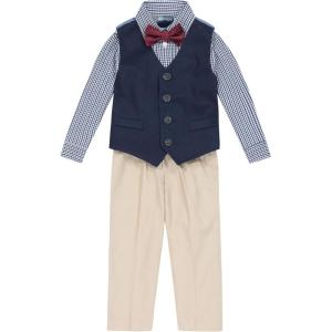 imageNautica Baby Boys 4Piece Suit Set with Dress Shirt Vest Pants and Bow TieKhakiNavyRed