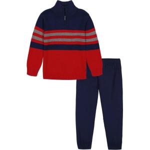 imageNautica Boys 2Piece Quarter Zip Pullover Sweater and Pants SetRoasted Rouge Stripe
