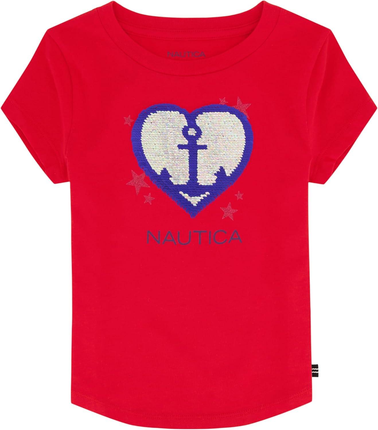 imageNautica Girls Short Sleeve TShirt with Flip Sequin Design Cotton Tee with Tagless InteriorNautica Red Anchor