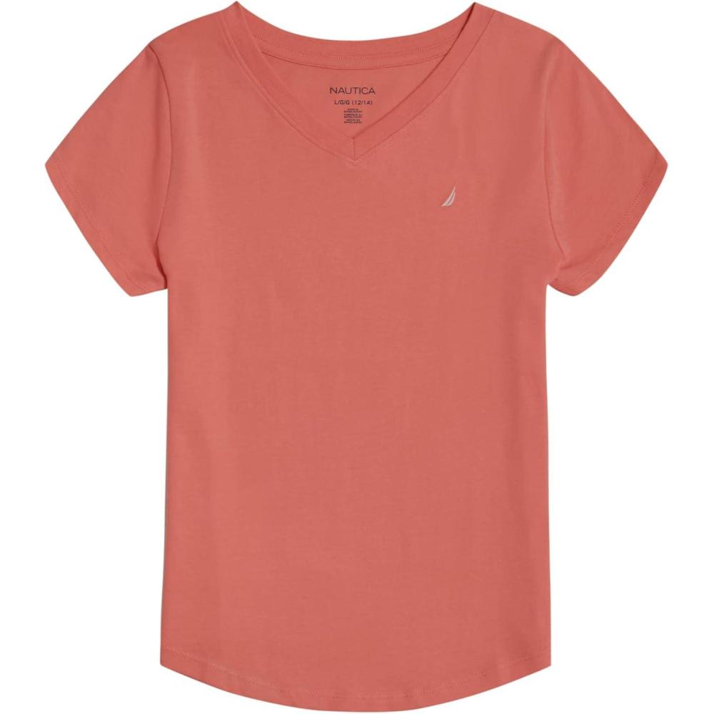 imageNautica Girls Short Sleeve VNeck TShirt Solid Cotton Blend Tee with Tagless InteriorGeorgia Peach