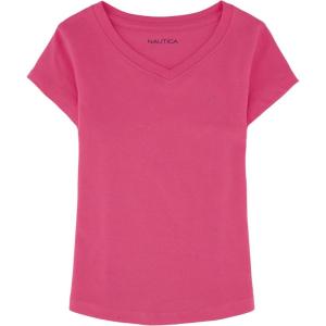 imageNautica Girls Short Sleeve VNeck TShirt Solid Cotton Blend Tee with Tagless InteriorCarmine Rose