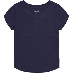 imageNautica Girls Short Sleeve VNeck TShirt Solid Cotton Blend Tee with Tagless InteriorPeacoat