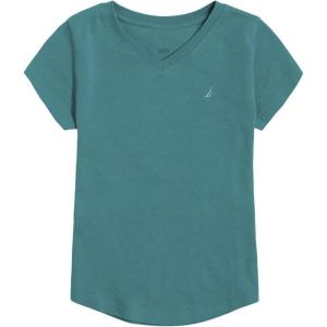 imageNautica Girls Short Sleeve VNeck TShirt Solid Cotton Blend Tee with Tagless InteriorQuetzal Green
