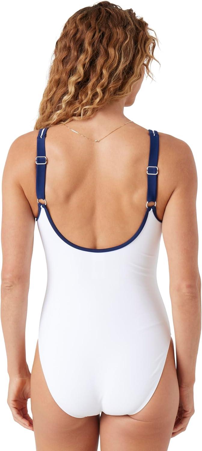 imageNautica Womens OnePiece Swimsuit  Slimming Tummy Control Bathing Suit QuickDry Fabric Bikini SwimsuitBright White Navy