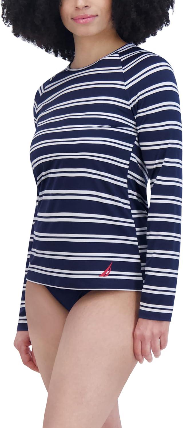 imageNautica Womens Standard Rashguard  QuickDry UPF Protection Swim Shirt Pool Beach Hiking Yoga VolleyballBlue White Stripe