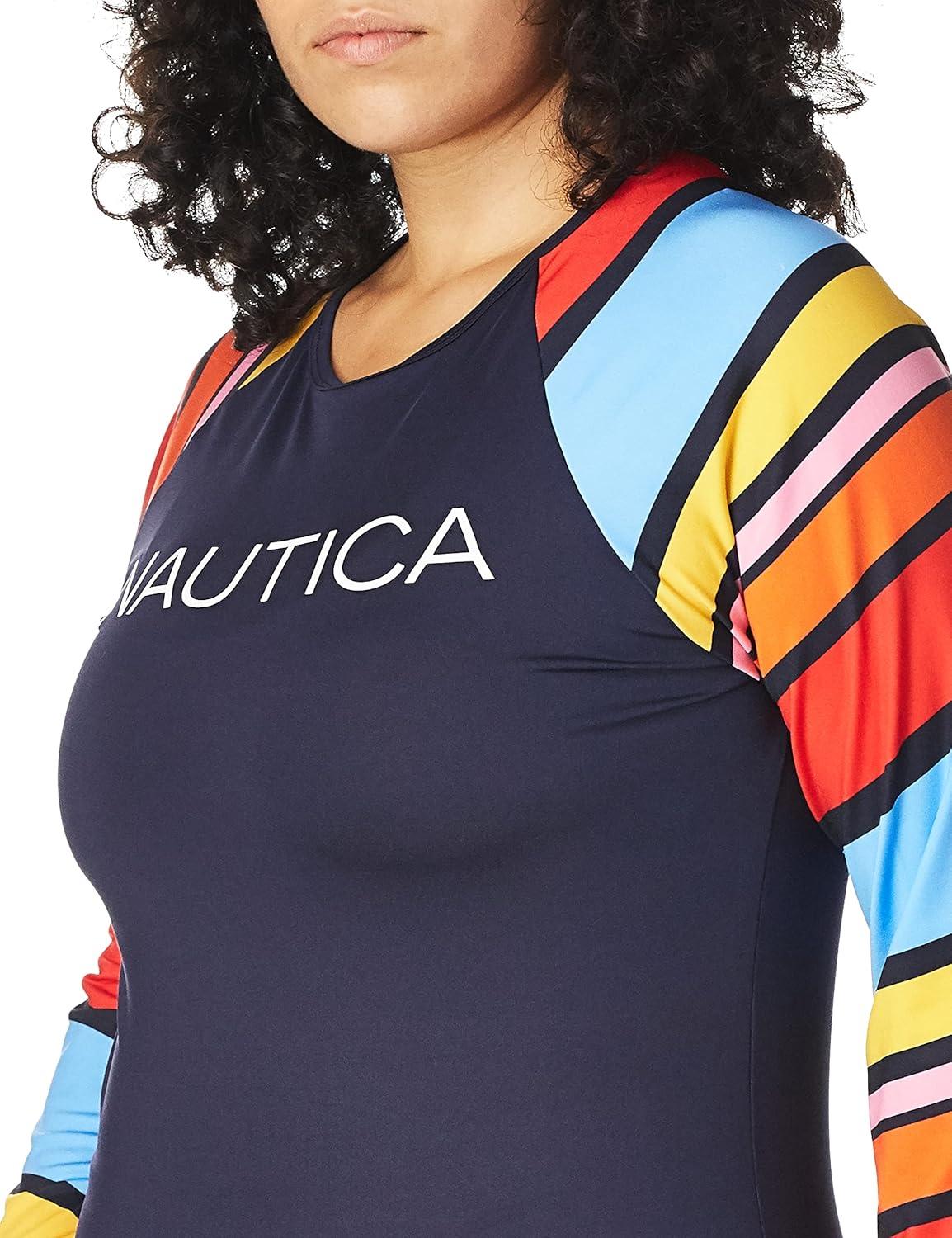 imageNautica Womens Standard Rashguard  QuickDry UPF Protection Swim Shirt Pool Beach Hiking Yoga VolleyballNewport Stripe