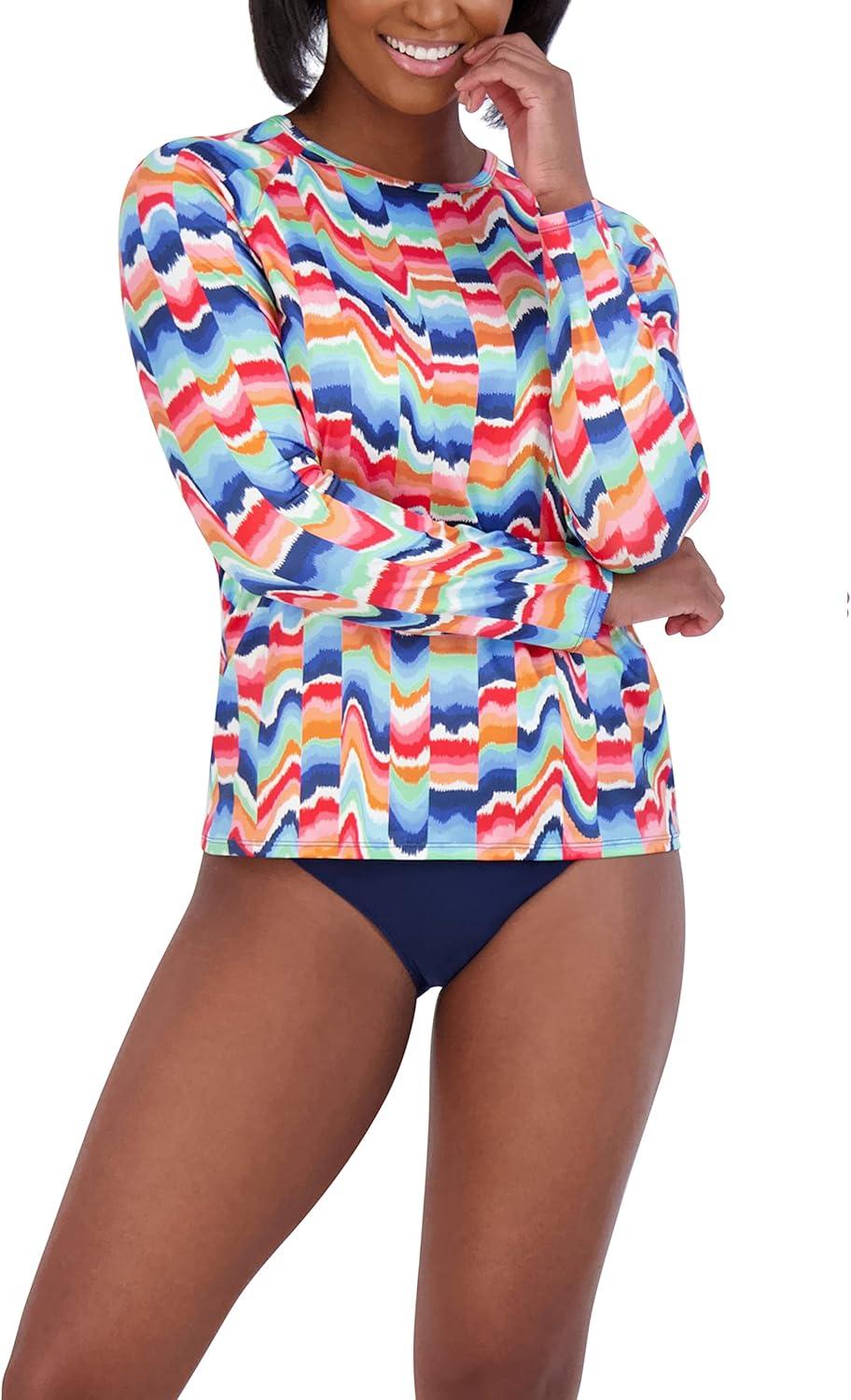 imageNautica Womens Standard Rashguard  QuickDry UPF Protection Swim Shirt Pool Beach Hiking Yoga VolleyballRainbow Multi