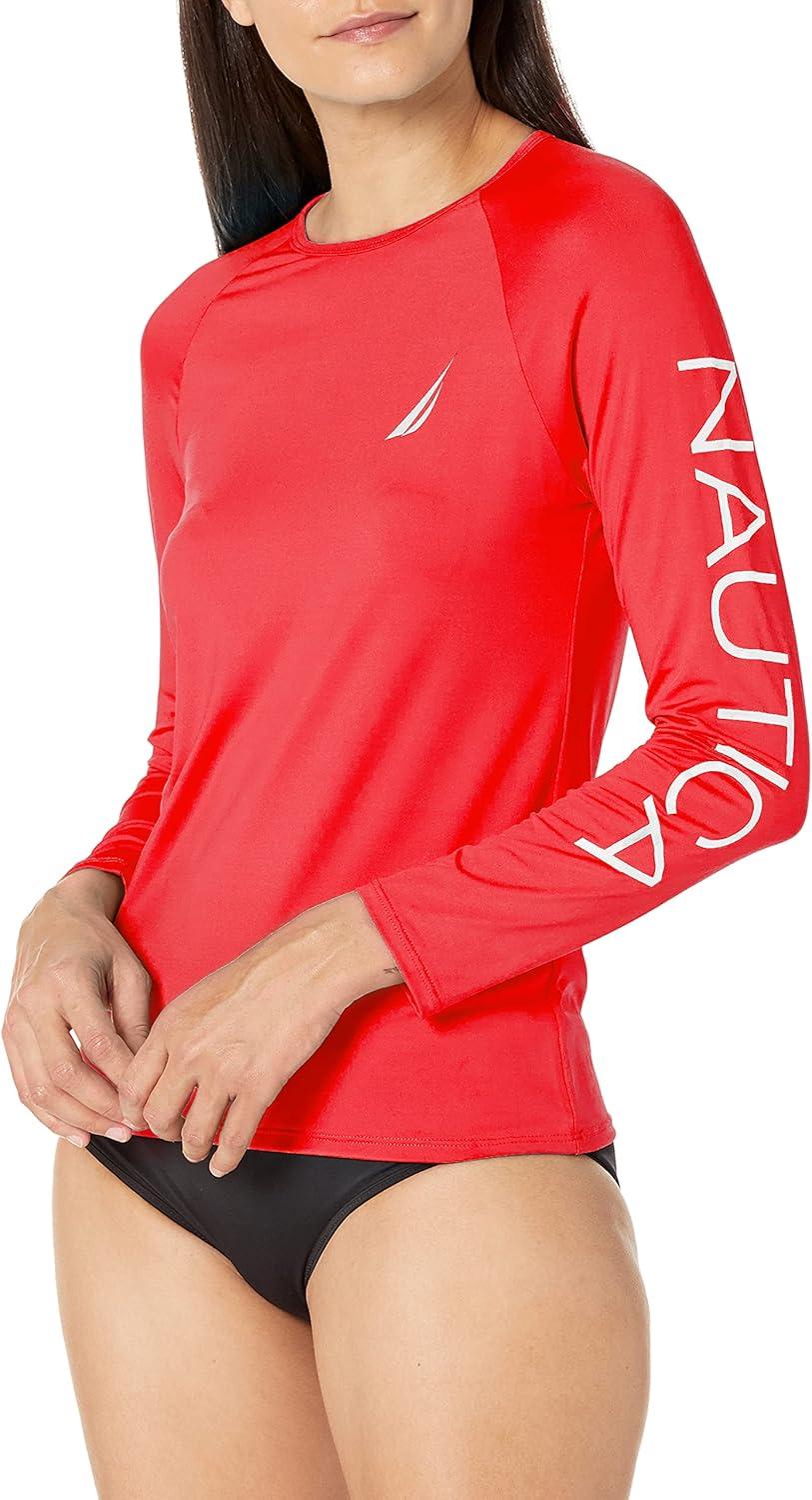 imageNautica Womens Standard Rashguard  QuickDry UPF Protection Swim Shirt Pool Beach Hiking Yoga VolleyballRed
