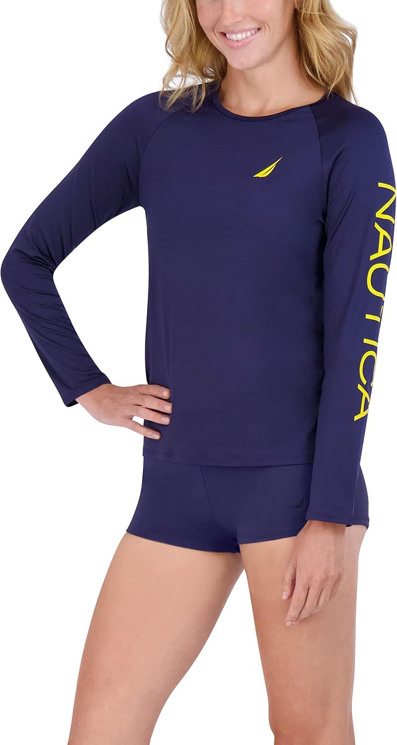 imageNautica Womens Standard Rashguard  QuickDry UPF Protection Swim Shirt Pool Beach Hiking Yoga VolleyballSolid Deep Sea