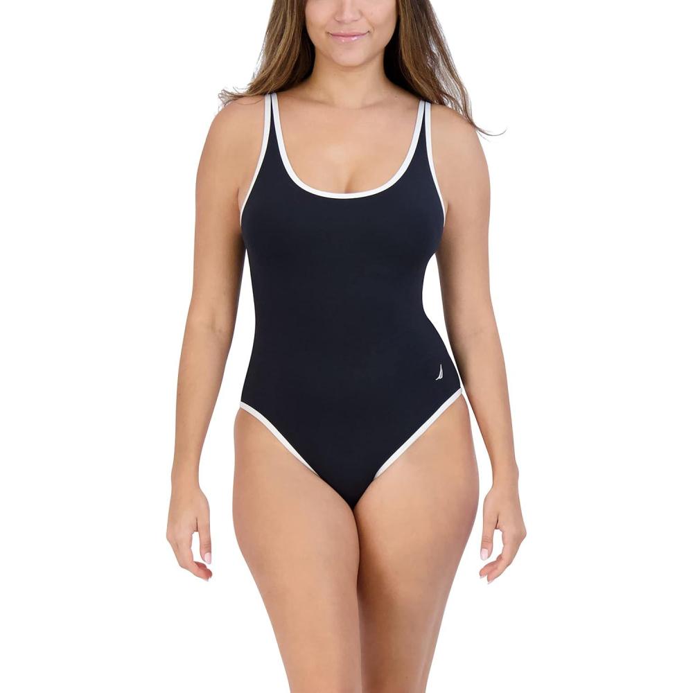 imageNautica Womens OnePiece Swimsuit  Slimming Tummy Control Bathing Suit QuickDry Fabric Bikini SwimsuitWhite Black