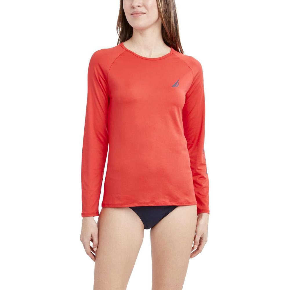 imageNautica Womens Standard Rashguard  QuickDry UPF Protection Swim Shirt Pool Beach Hiking Yoga VolleyballCherry