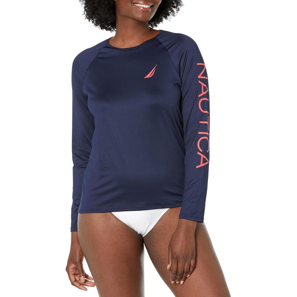 imageNautica Womens Standard Rashguard  QuickDry UPF Protection Swim Shirt Pool Beach Hiking Yoga VolleyballDeep Sea