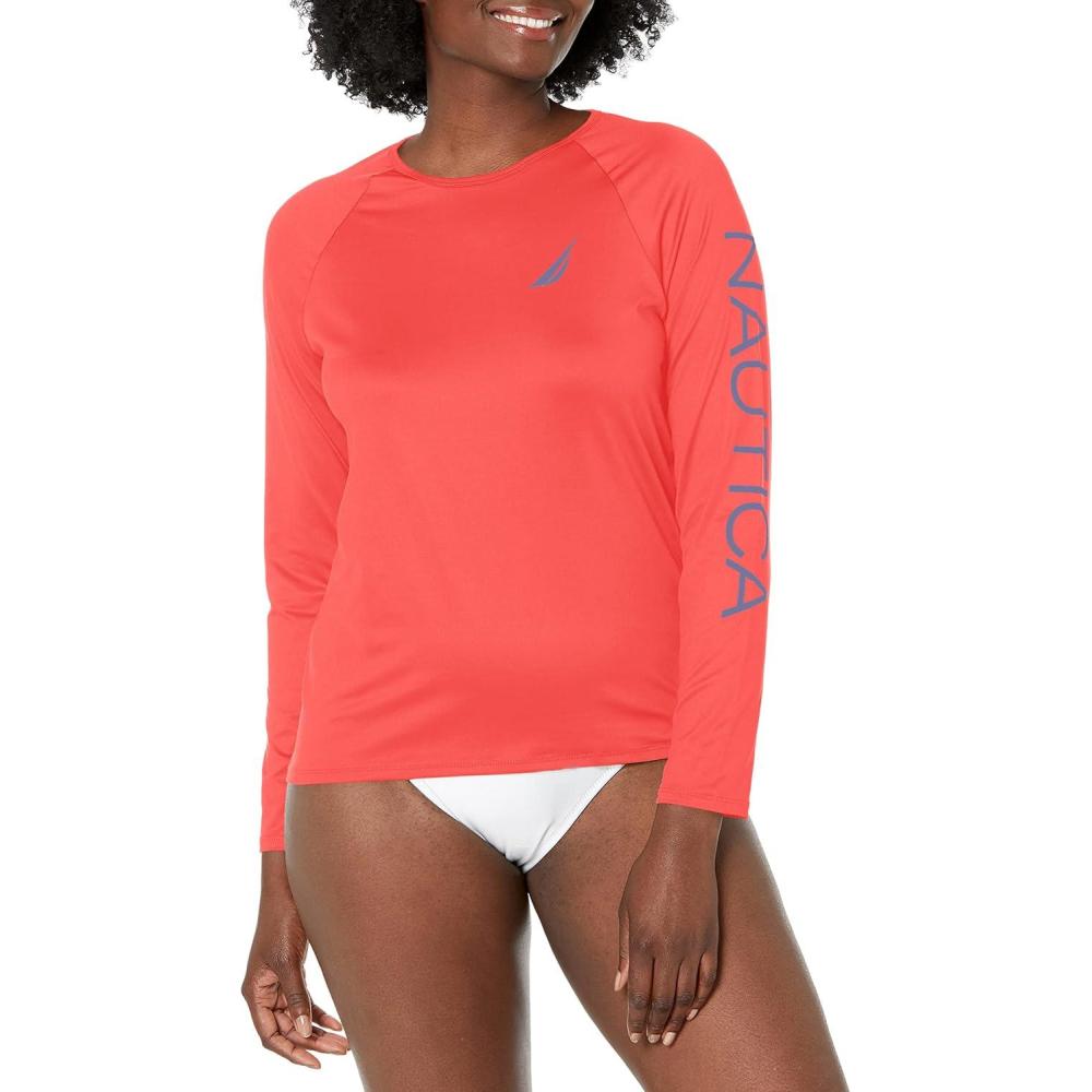 imageNautica Womens Standard Rashguard  QuickDry UPF Protection Swim Shirt Pool Beach Hiking Yoga VolleyballRed
