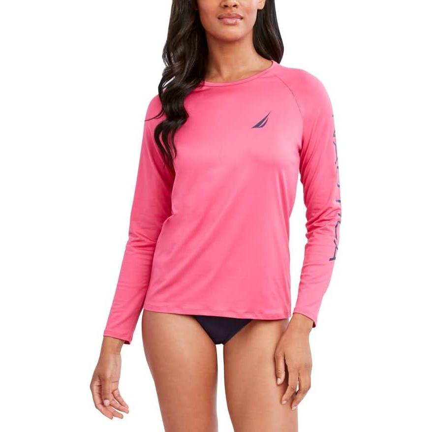 imageNautica Womens Standard Rashguard  QuickDry UPF Protection Swim Shirt Pool Beach Hiking Yoga VolleyballSolid Pink