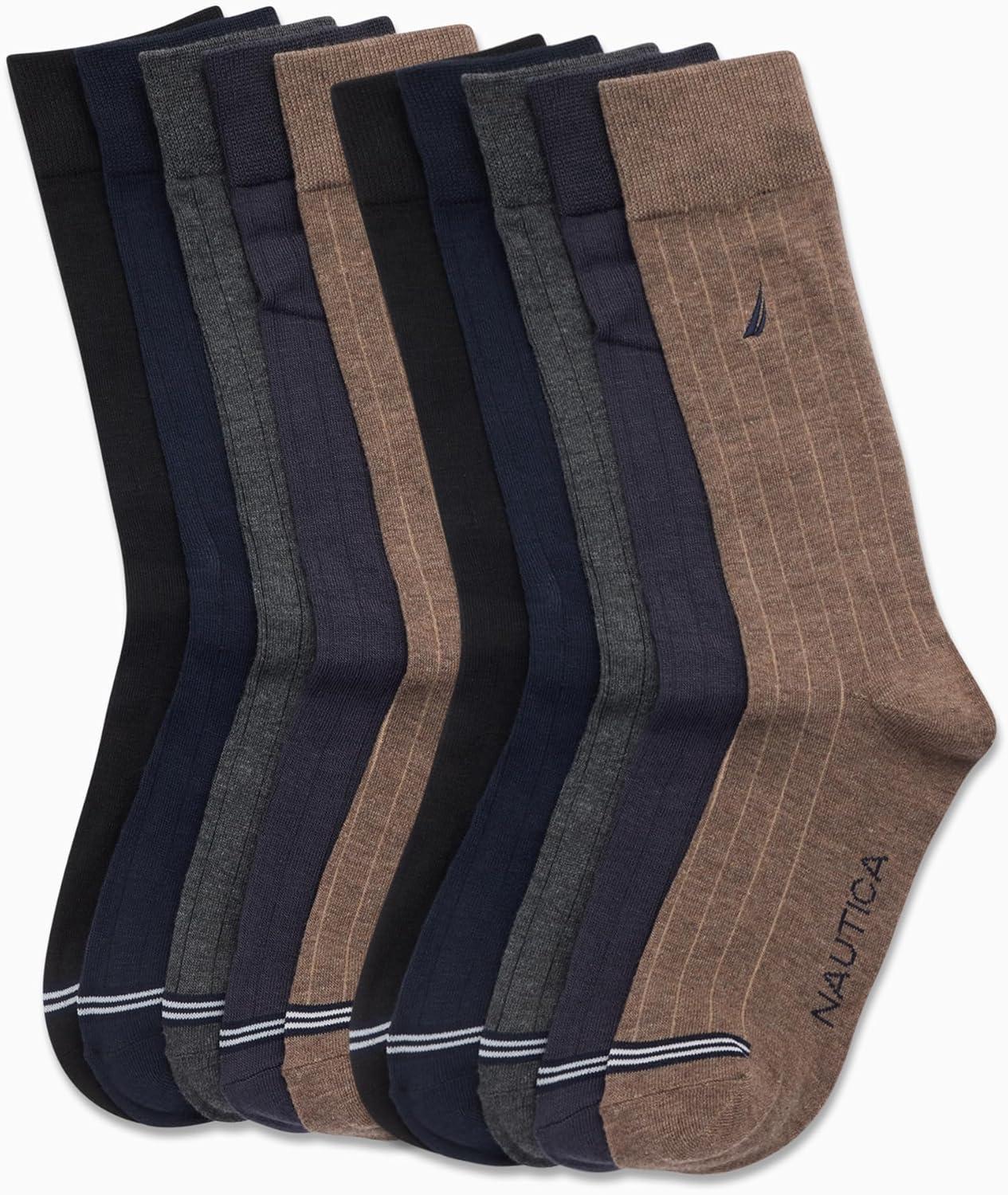 imageNautica Mens Dress Socks  10 Pack Breathable Stretch Crew Socks for Men for Work Business and Formal Wear Sizes 6125BrownBlue Assorted Rib