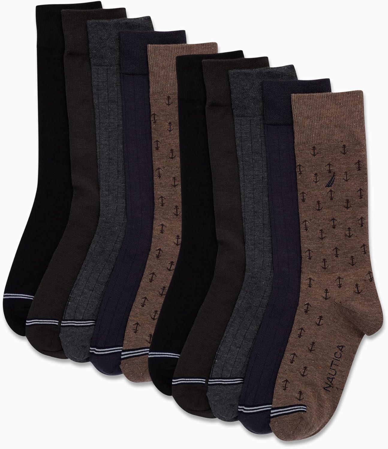 imageNautica Mens Dress Socks  10 Pack Breathable Stretch CrewLength Work Socks for Men for Business Formal Wear Sizes 6125Dark Brown Assorted