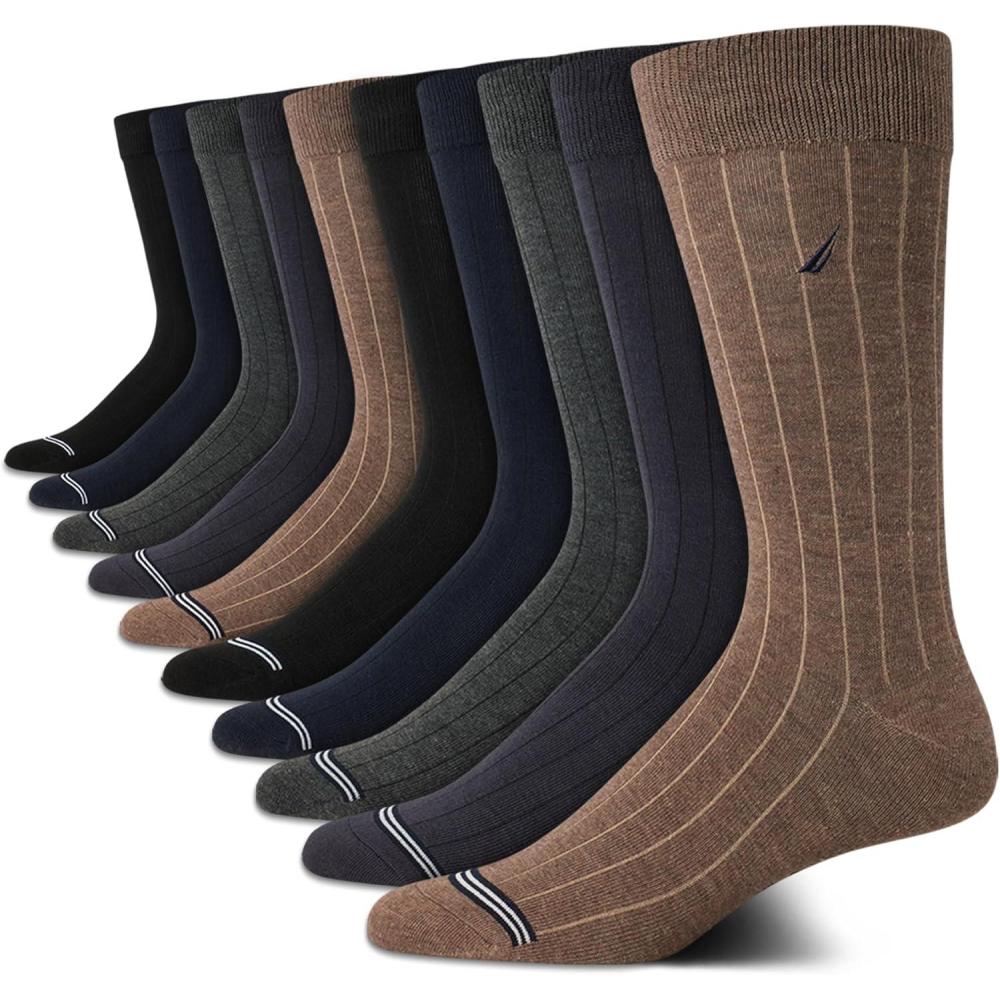 imageNautica Mens Dress Socks  10 Pack Breathable Stretch Crew Socks for Men for Work Business and Formal Wear Sizes 6125BrownBlue Assorted Rib