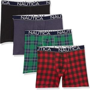 imageNautica Mens Cotton Stretch 4 Pack Boxer BriefsBlackPeacoatHoliday PlaidNautica Plaid