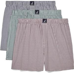 imageNautica Mens Cotton Woven 3 Pack BoxerGinghampeacoatHunter GreenWine