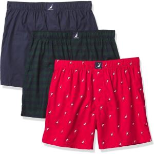 imageNautica Mens Cotton Woven 3 Pack BoxerPeacoatBuffalo Checktidal GreenHoliday Sail Printred