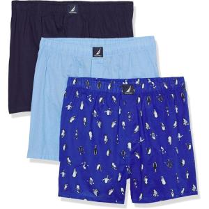 imageNautica Mens Cotton Woven 3 Pack BoxerPeacoatCoastal SkyPenguinsocean Lapis