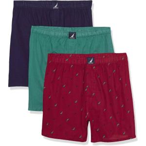 imageNautica Mens Cotton Woven 3 Pack BoxerPeacoatTidal GreenSailsnautica Red Holiday