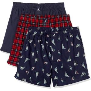 imageNautica Mens Cotton Woven 3 Pack BoxerPeacoatWinter PlaidredHoliday Sailboatspeacoat