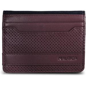 imageNautica Mens Slim Wallet  Card Case  RFID Blocking  ID Window  Minimalist  Lightweight  Genuine LeatherPerforated  Zinfandel