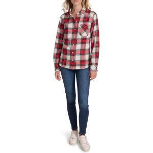 imageNautica Womens Button Front Long Sleeve Roll Tab ShirtWhite SwanHaute Red