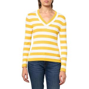 imageNautica Womens Long Sleeve Striped VNeck Ribbed SweaterGoldenrodIvory