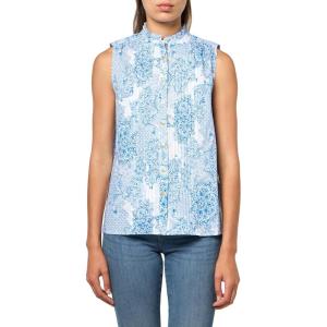 imageNautica Womens Sleeveless Pintuck Ruffle Neck Tile Print ShirtIvory Multi