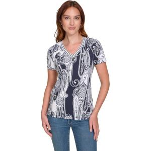 imageNautica Womens Stripe VNeck Short Sleeve TShirtNight SkyBright White
