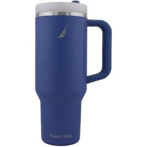 imageNautica 40 oz Large Insulated Tumbler with Handle ampamp Straw with screw on cap Reusable Water Bottle Stainless Steel Travel Mug for Hot Cold or Iced Drink BPAFree Fits Car Cup Holders Light BlueNova Blue