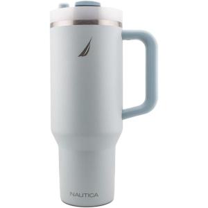 imageNautica 40 oz Large Insulated Tumbler with Handle ampamp Straw with screw on cap Reusable Water Bottle Stainless Steel Travel Mug for Hot Cold or Iced Drink BPAFree Fits Car Cup Holders Light BlueLight Blue