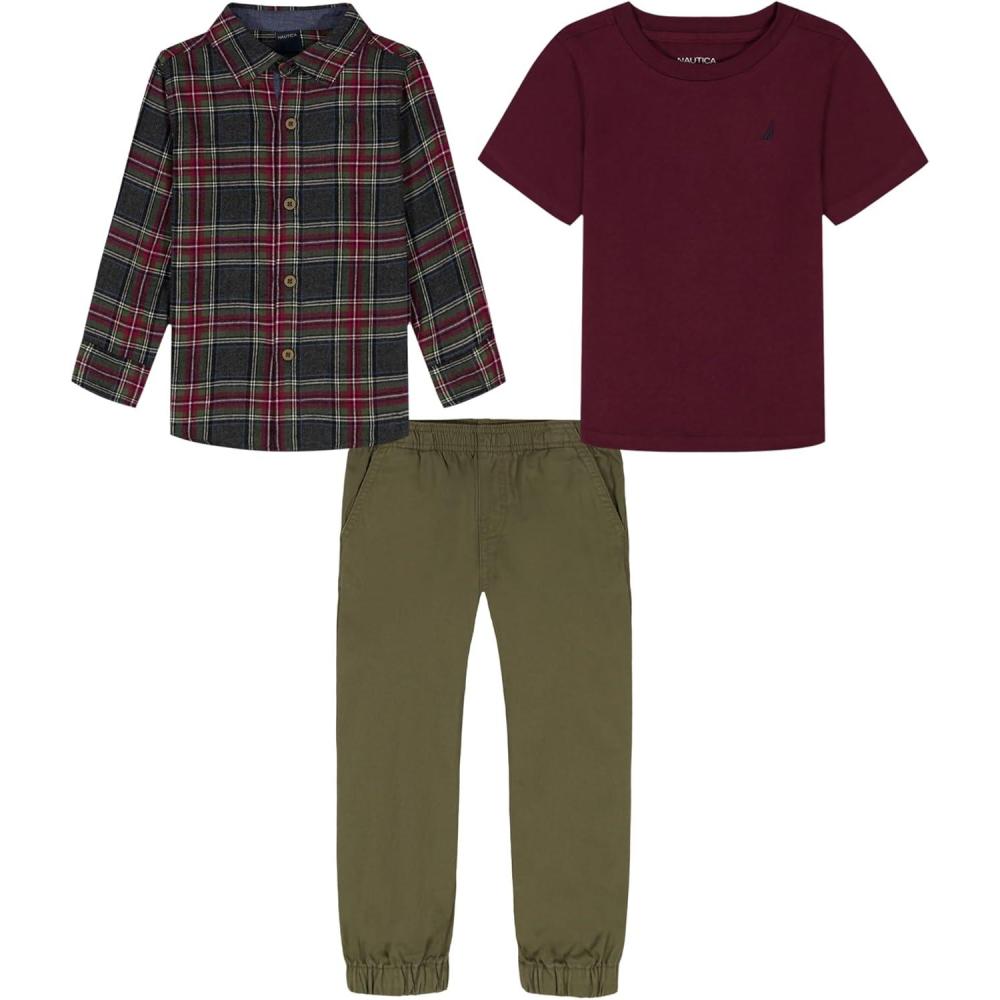 imageNautica babyboys 3pc Woven Shirt Pant SetTawny PortPlaidPrime Olive