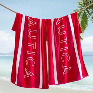 imageNautica  Oversized Beach Towel Set Soft Plush Velour Towels with Hanging Loop Quick Dry ampamp Absorbent Beach Vacation Essentials for Adults ampamp Travel Tilted Logo Blue 2PackLogo Stripe Pink