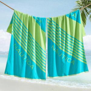 imageNautica  Oversized Beach Towel Set Soft Plush Velour Towels with Hanging Loop Quick Dry ampamp Absorbent Beach Vacation Essentials for Adults ampamp Travel Tilted Logo Blue 2PackTilted Logo Blue