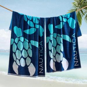 imageNautica  Oversized Beach Towel Set Soft Plush Velour Towels with Hanging Loop Quick Dry ampamp Absorbent Beach Vacation Essentials for Adults ampamp Travel Tilted Logo Blue 2PackTurtle Beach Blue