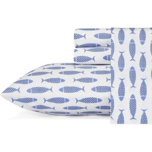imageNautica  Twin XL Sheets Cotton Percale Bedding Set Fully Elasticized Ideal Dorm Essentials Audley Stripe Blue Twin XLWoodblock Fish Blue